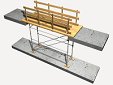 Passerelle de circulation en bois appuyée sur des modules d'échafaudage, pour la protection d'un passage piéton entre deux points de la structure situés au même niveau